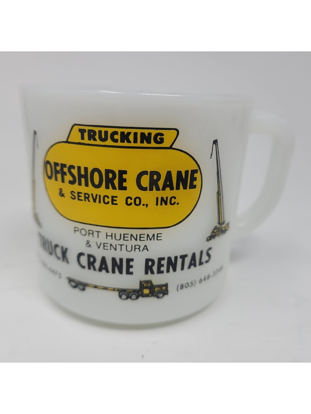 Vtg Fire King Milk Glass D Handle Mug Offshore Crane Service Trucking Ventura CA